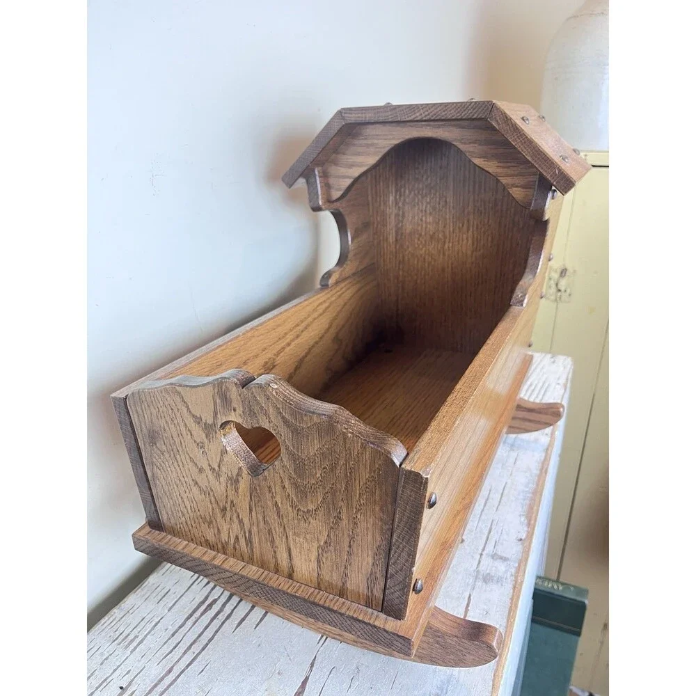 Vintage Handmade Wooden Doll Cradle Rocking Bed Folk Art Primitive Toy Country